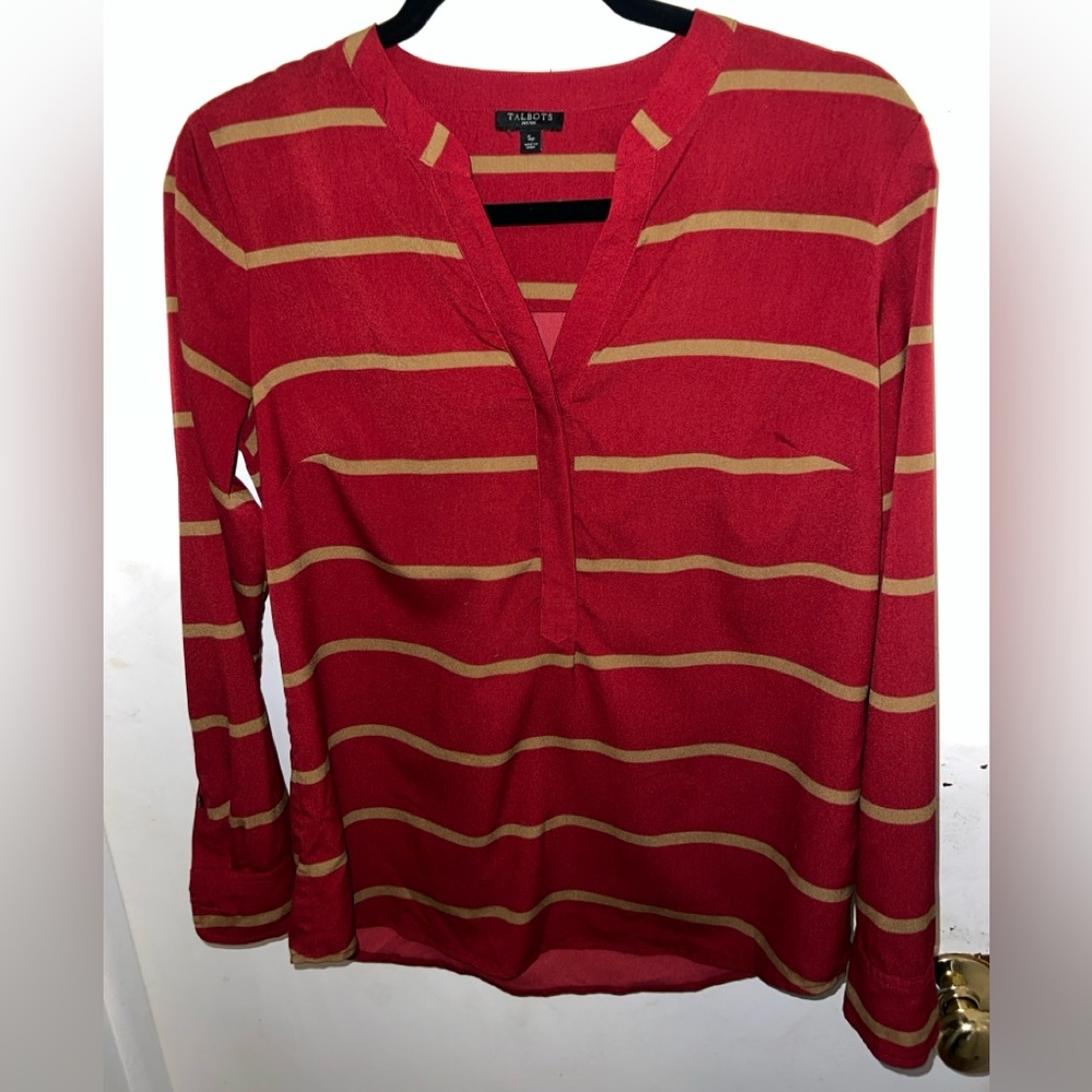 Talbots Women's Red and Tan Striped Blouse